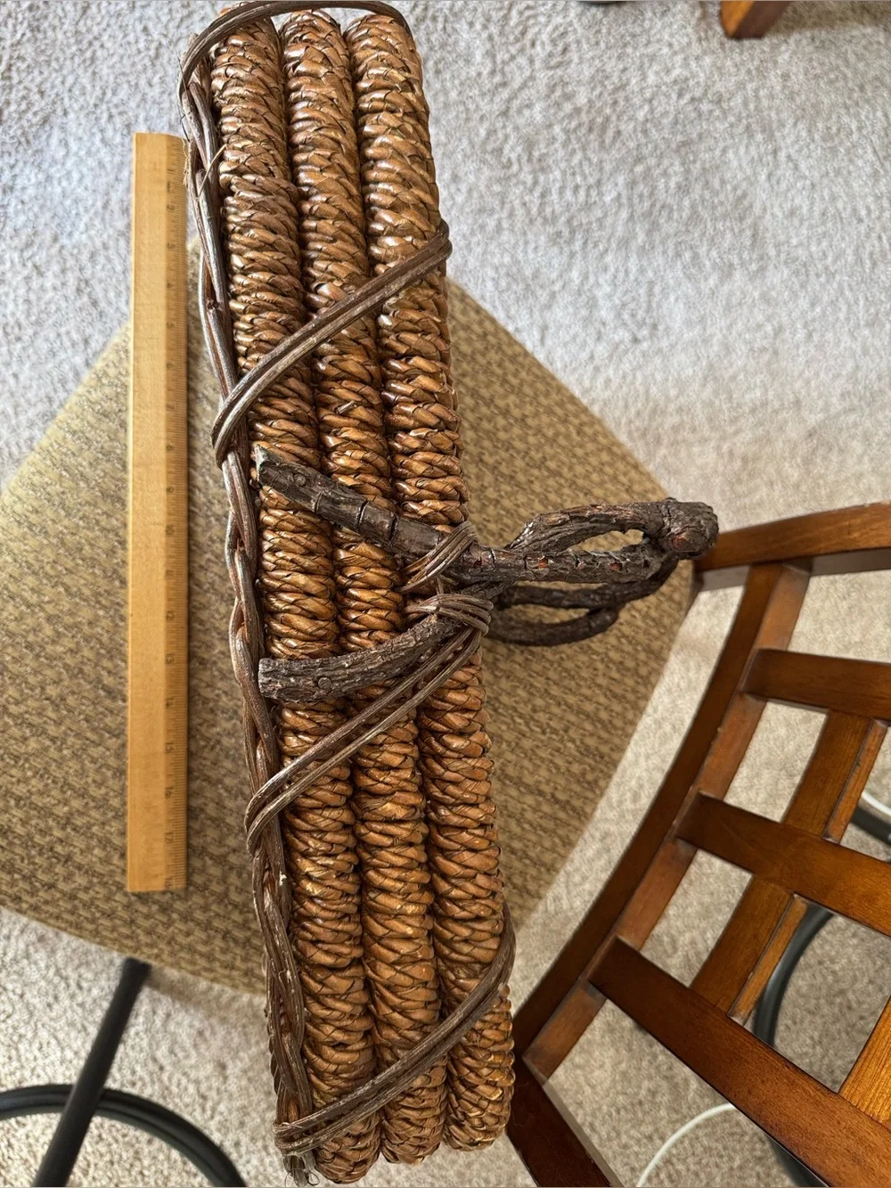Rustic Farmhouse Twisted Willow Handle Basket Long Gathering Grapevine Rattan